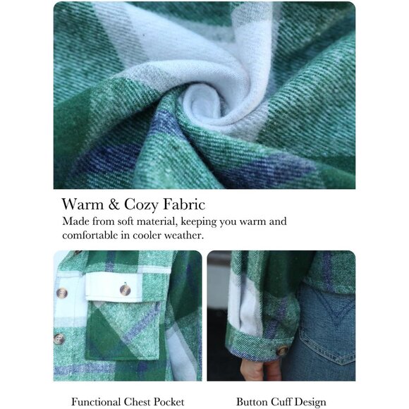 Women’s Flannel Cropped Shacket Plaid Long Sleeve Button Down Fall Coat - Picture 6 of 6